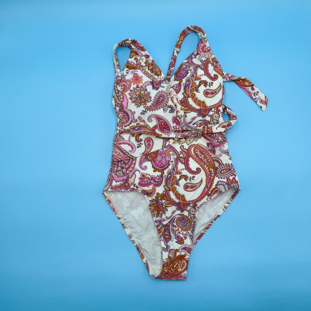 Shore One Piece Swimsuit Womens Extra Small Paisley Wrap Tie Pink Tummy Control